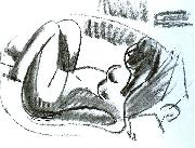 Ernst Ludwig Kirchner, Reclining nude in a bathtub with pulled on legs - black chalk